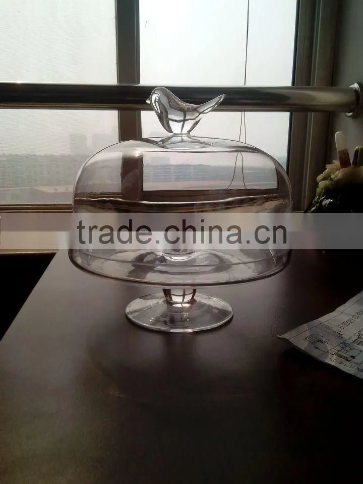 handmade glass cake plate with bird cover,glass storage jar with cover,glass cake plate wholesale cheap