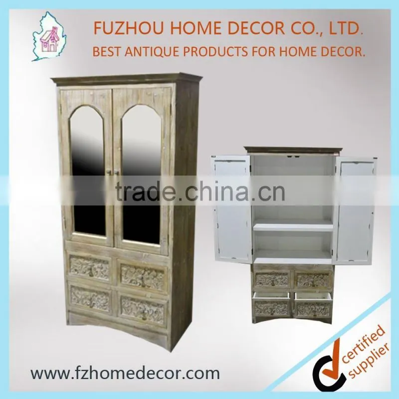 Shabby chic unfinished solid wood treasure chest of drawers with carved door and drawers