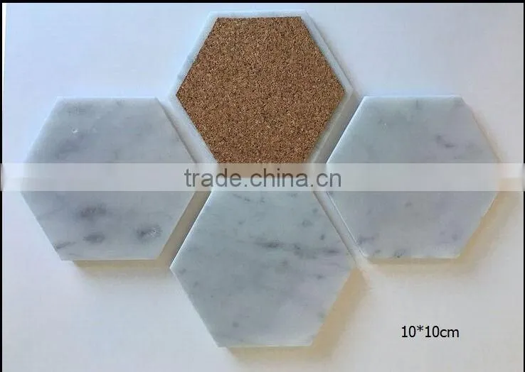 Hexagon shape White Carrara Marble Stone Coasters with Cork Backing