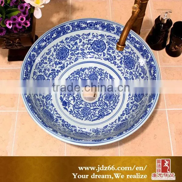 Blue and white small flower design cheap ceramic shampoo basin