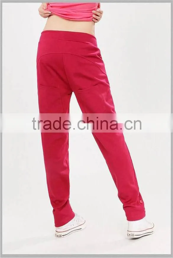100%Cotton Womens Summer Casual Long Sports Pants with Drawstring & Button Design