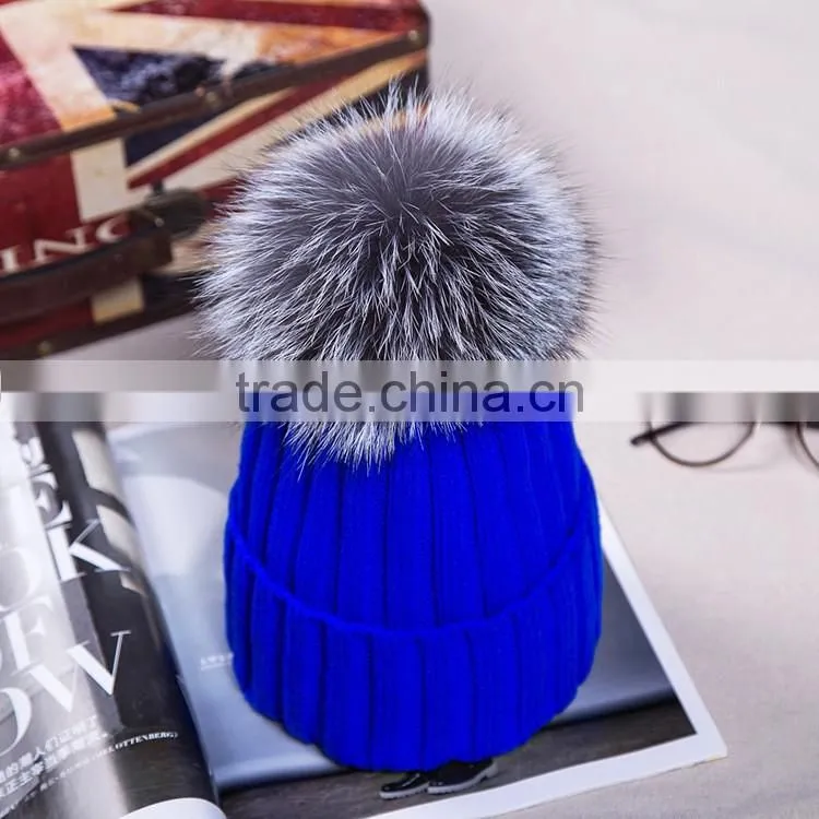 Hot Winter Colorful Snow Caps Wool Knitted Beanie Hat With real sliver fox Fur Pom Poms For Women Men Hip Hop Skullies Cap