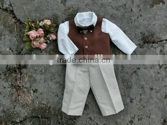Cute Baby Boy Suit 3pcs Linen Ring Bearer Wear Shirts+Pants+Waistcoat