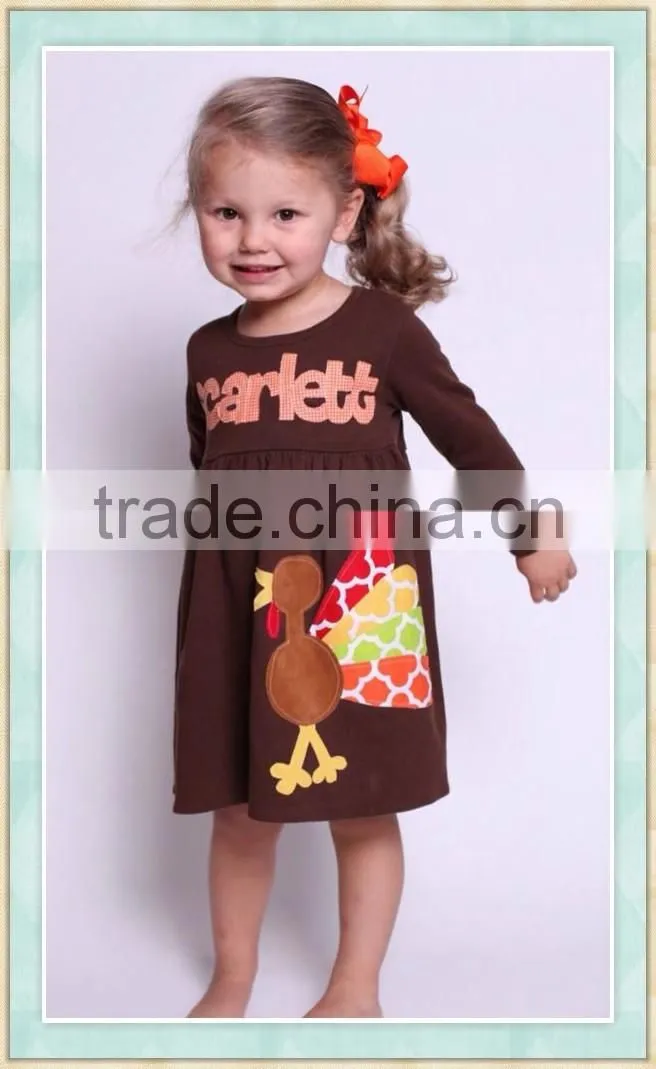thanksgiving outfit children's fall boutique clothing Turkey embroidered brown customization dress picture of latest gown design