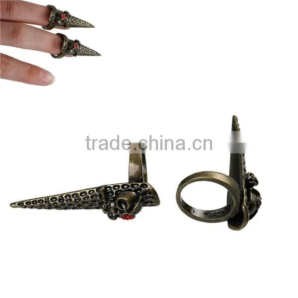 New Fashion Punk Unadjustable Fingertip Knuckle Nail Rings Antique Bronze Halloween Skull Carved Red Rhinestone 14.7mm