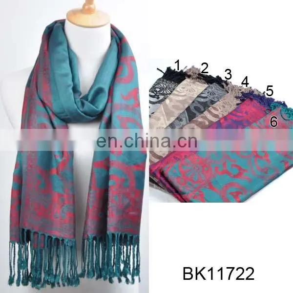 2016 Wholesale Winter Jacquard Pashmina Blue Scarf With Tufts Acrylic Shawl
