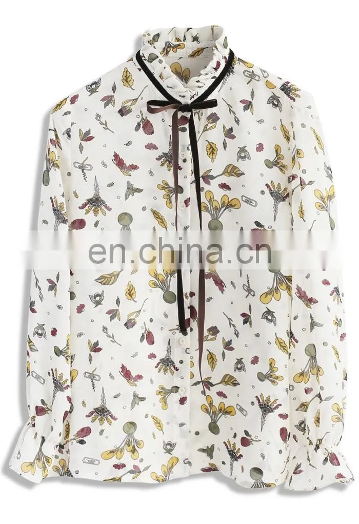 Women Latest Fashion Blouse Designs Flora Printed Long Sleeves Sheer Chiffon Blouse