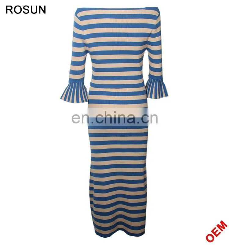 Women's Flare Sleeves Strips Long Knit Skirt Suits