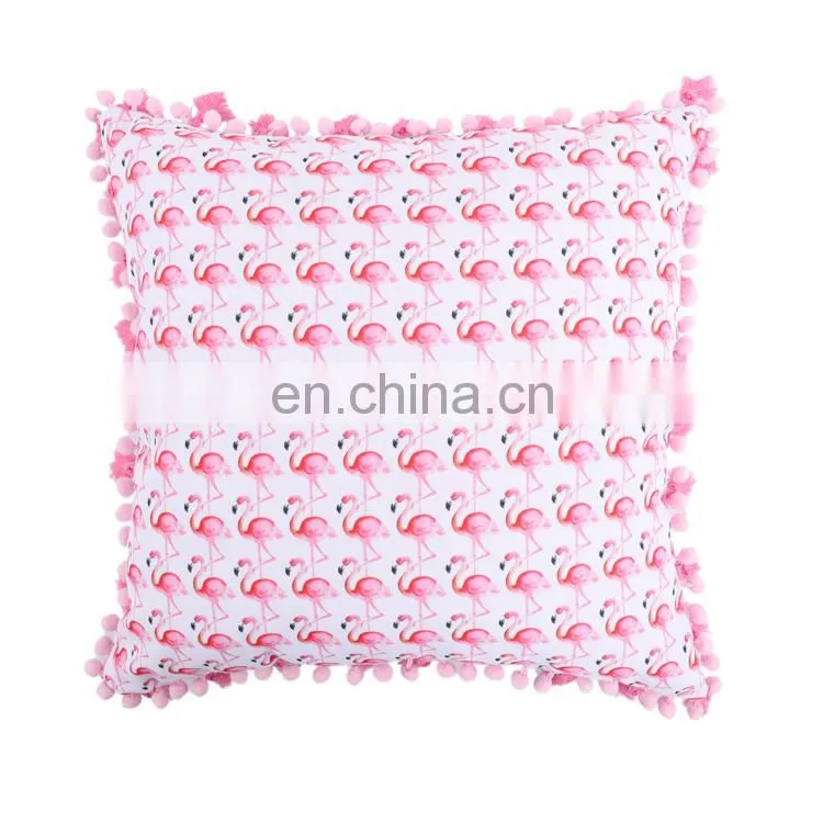Waterproof Outdoor Use Flamingos Floral Designed Style Printed 100% Polyester decorative cushion with tassels pompoms