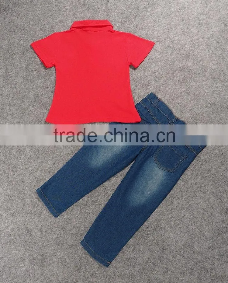 2016 New Arrival Fashion children clothing boy outfits handsome boy red cotton shirt+jean pants 2pcs suit set