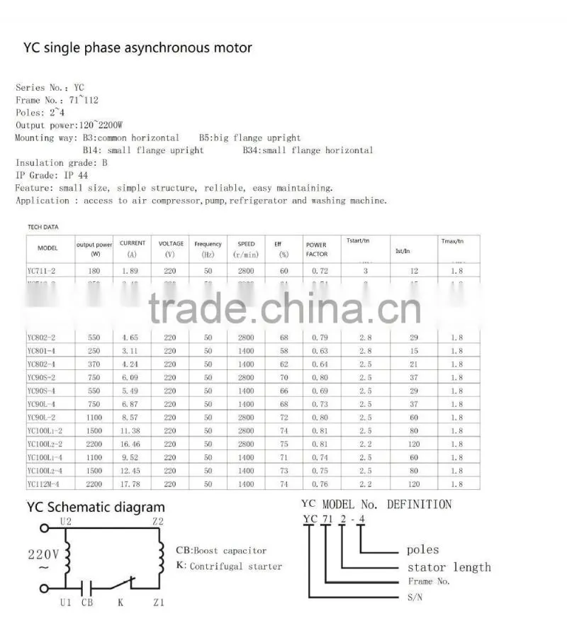 low price YC series Single Phase Asynchronous electric AC motor