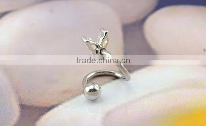 316l stainless steel lip rings lip jewelry with butterfly zircon S bar"S"bar unique designs for mouth eyebrow rings helix