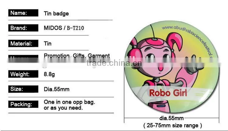 2016 OEM promotion gift cartoon printed custom tinplate badge