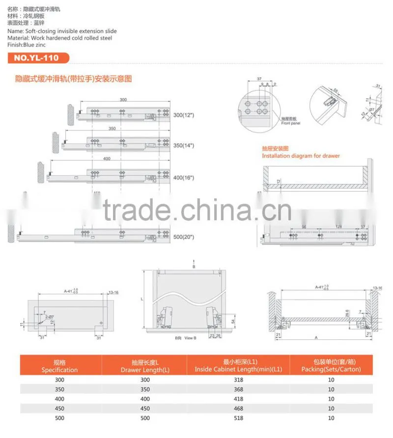 removable soft close telescopic drawer channel