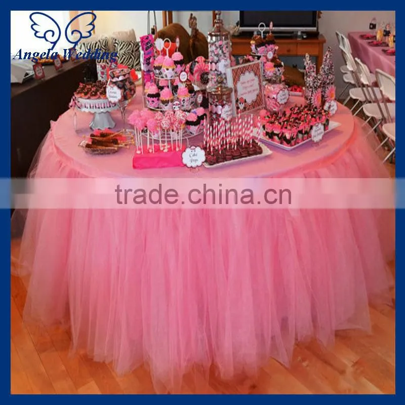 SK005D New arrival beautiful ruffled polyester hot pink bridal ruffled wedding tulle table skirt