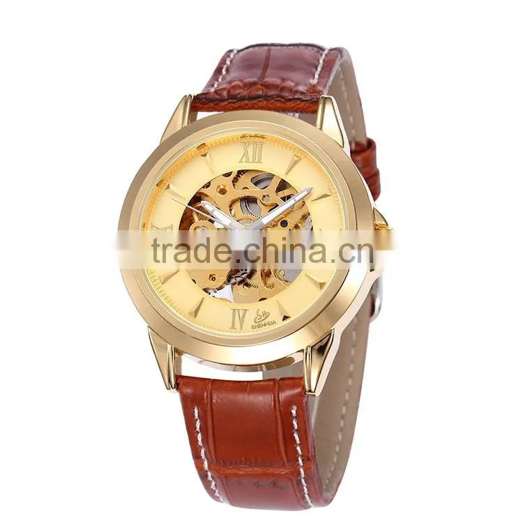 oem genuine leather men's teenage fashion skeleton automatic mechanical watch waterproof