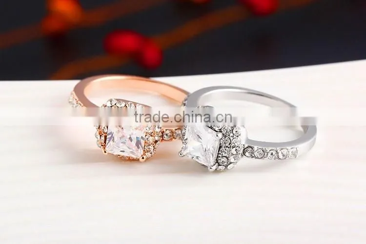 High quality 14k rose gold plated white crystal with big square zircon ladies rings for wedding