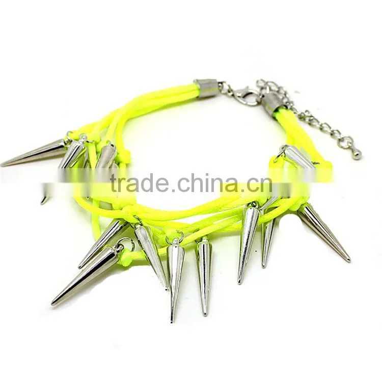 multi layered silver rivet charms neon silk cord bracelet Europe handmade punk style bracelet