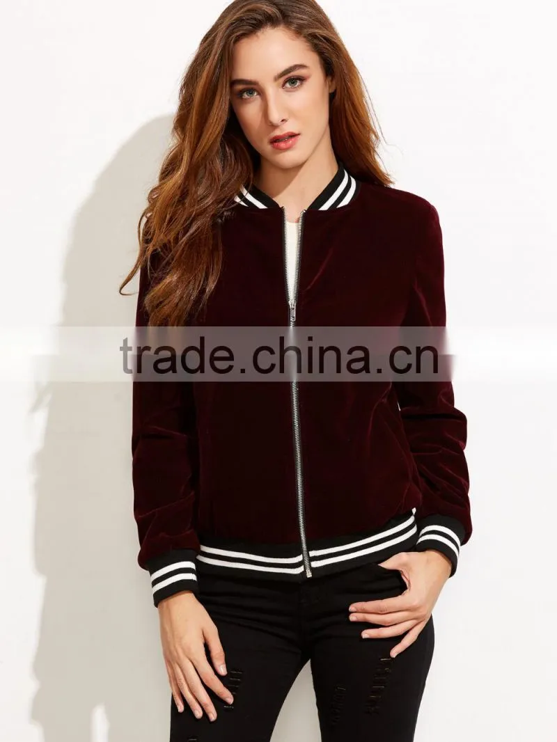Jacket Women Winter Burgundy Stand Collar Bomber Jacket Slim Fit Velvet Blazer With Striped Trim Detail