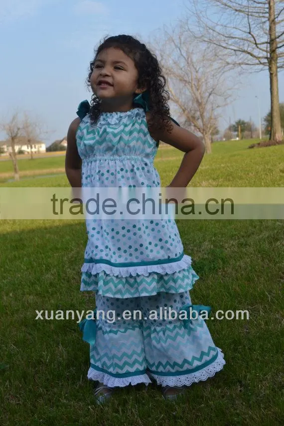 Boutique Outfit Teal and white polka dot/chevron Spring ruffle top and pants child clothes