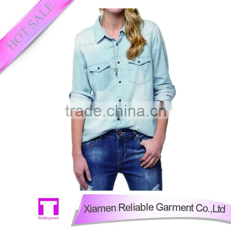 Fashion lady long sleeve 100% cotton denim blouse
