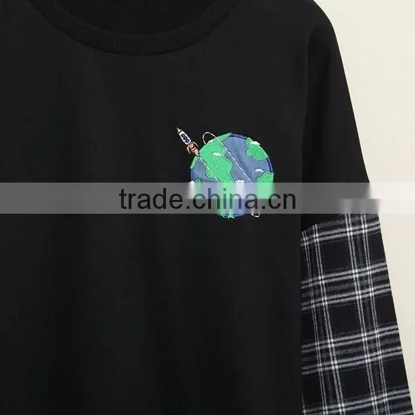 Latest woman sweatshirt design sublimation with plaid sleeve and hood design sweatshirt
