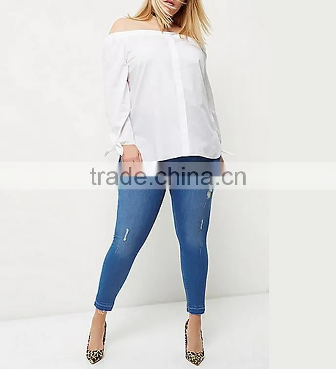 Plus size ripped skinny high-waist jeans for lady