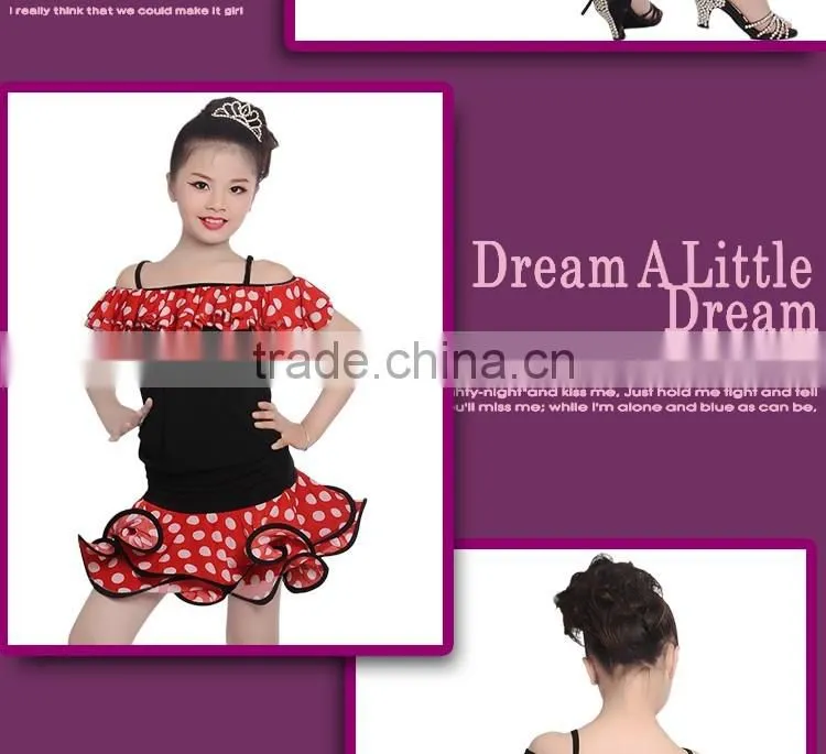 Girls Child Performance Latin Dance Skirt Suit Kid Dew Shoulders Lotus Leaf Polka Dot Dress