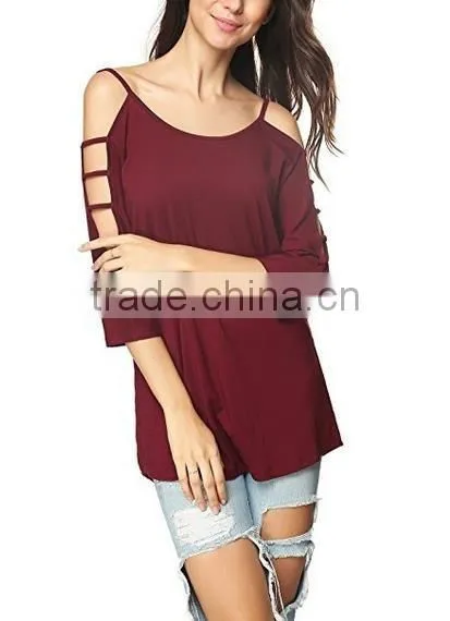 Women's 100% cotton comfort colors tShirts in bulk Hollowed Out Shoulder Three Quarter Sleeve