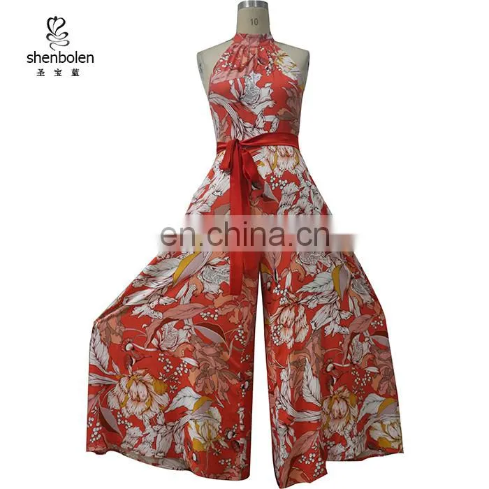 HW-048 Rayon Printed Halter Neck Wide Leg Jumpsuit With Satin Belt