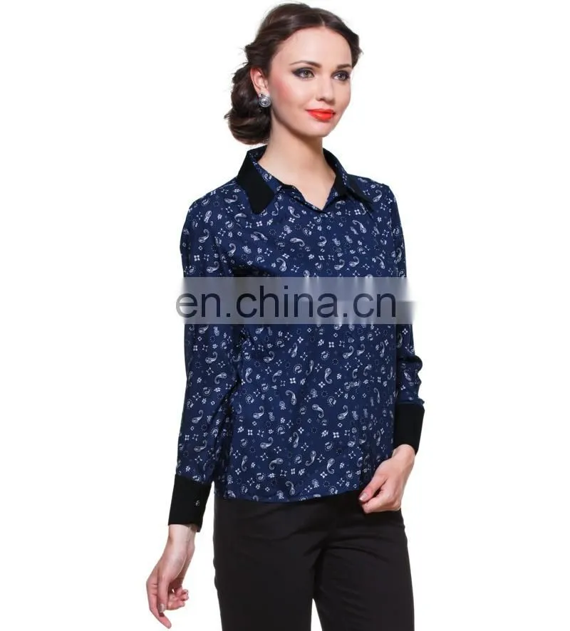 BLUE PRINTED SHIRT WITH CONTRAST COLLAR AND CUFF DESIGNER TOP LADIES NEW DESIGN FASHION TOP
