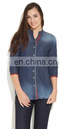 ONSALE NEW FASHION EUROPEAN STYLE COLLAR NECK SHIRT TRENDY HOT WOMENS' DENIM SHIRT BLOUSE TUNIC DRESS SUMMER TOPS FOR LADIES