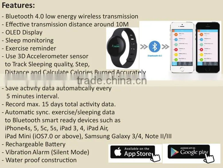 Bluetooth smart bracelet watch above IOS 6 Android4.0 App download Google play Appstore control by Smartphone