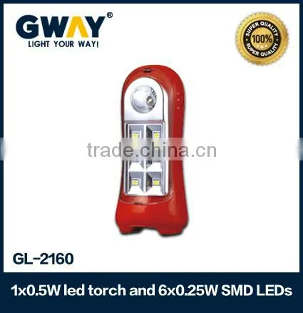1X0.5W spotlight+6X0.25W 5050SMD Rechargeable LED Emergency Light.New ABS Plastic body with 4V 0.8AH batteries