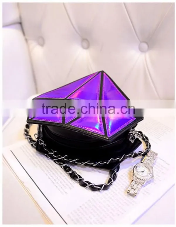 Popular diamond shaped evening bag shining pu chain bag