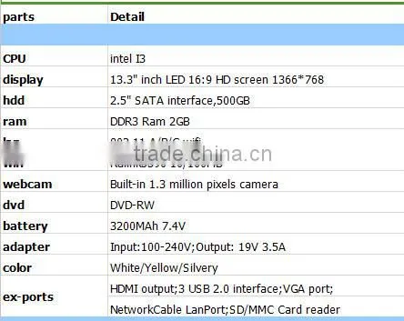 13.3 inch white/silver/yellow colored intel i3 china wholesale laptops