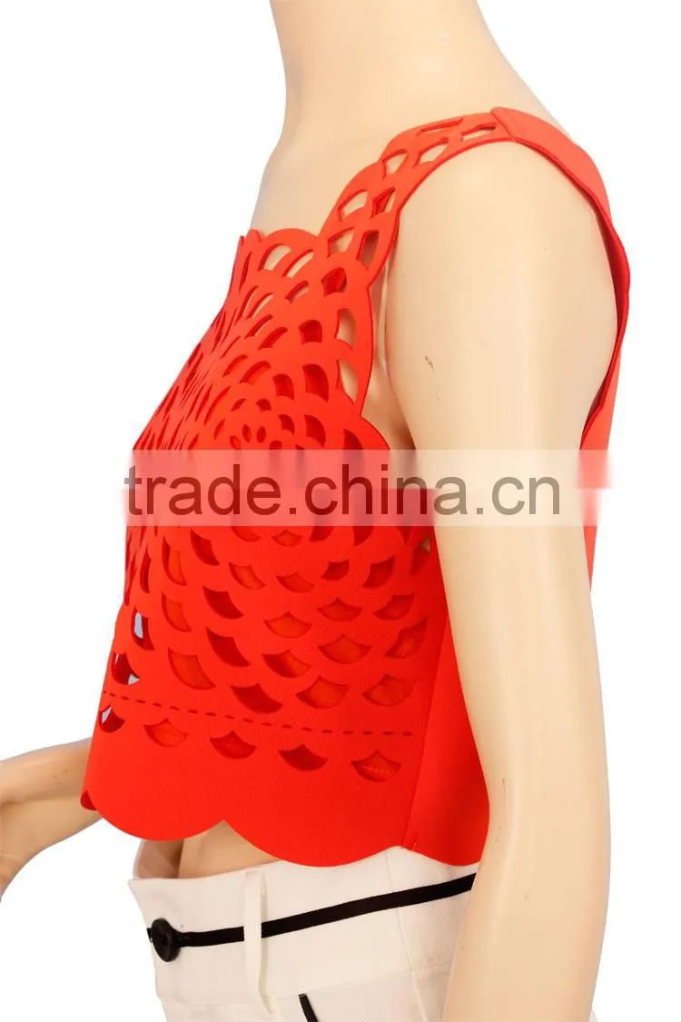 2016 S/S hollow out curved hem bear midriff red tops neoprene plain crop tops wholesale 2015
