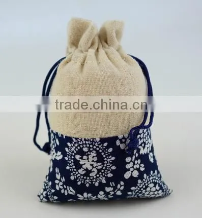 Fashion spliced jute drawstring bag china factory