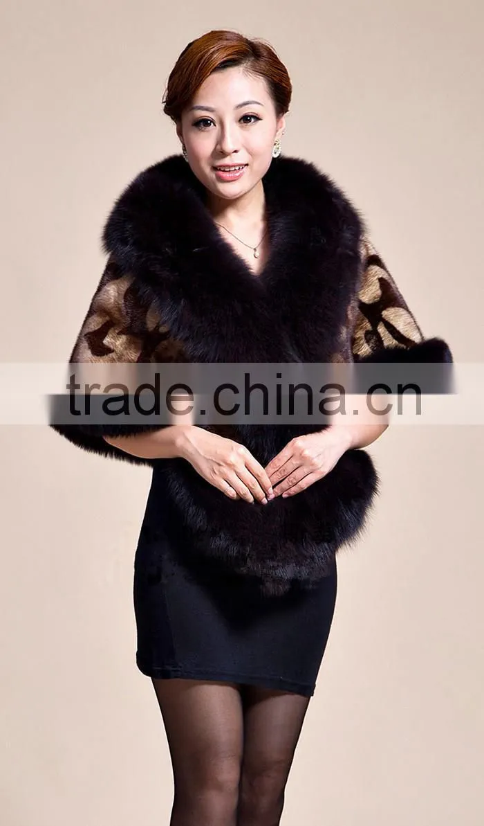 Lady's Real Mink Fur With Fox Fur Coat Mink Fur Coat Poncho / Shawl / Coats