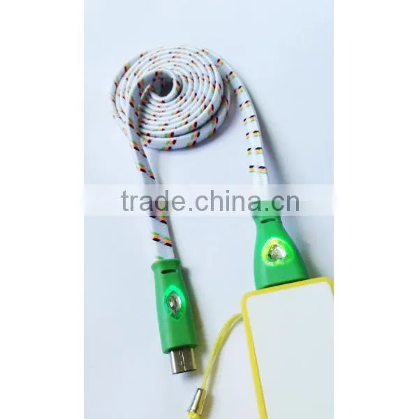 New Fashionable Colorful Flat Noodle Diamond LED Fabric Braided Micro USB Cable for Samsung HTC