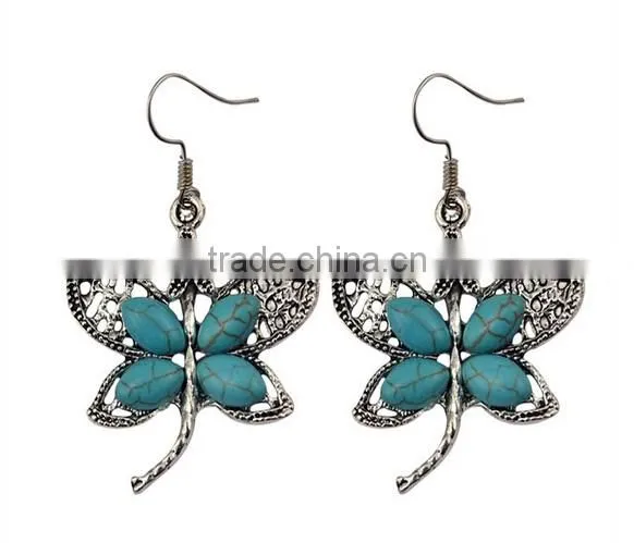 Bohemian Vintage Silver Plated Crystal Butterfly Pendant Turquoise Earrings