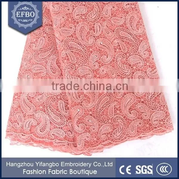 Reasonable Price African Net Lace Fabric For Birthday Party / Peach Color Beaded Lace Fabric