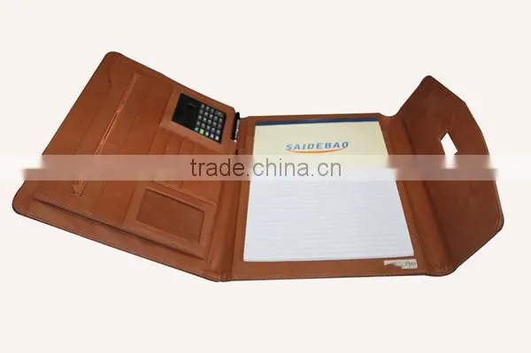 wholesale business leather portfolio with zipper and calculator and notepad