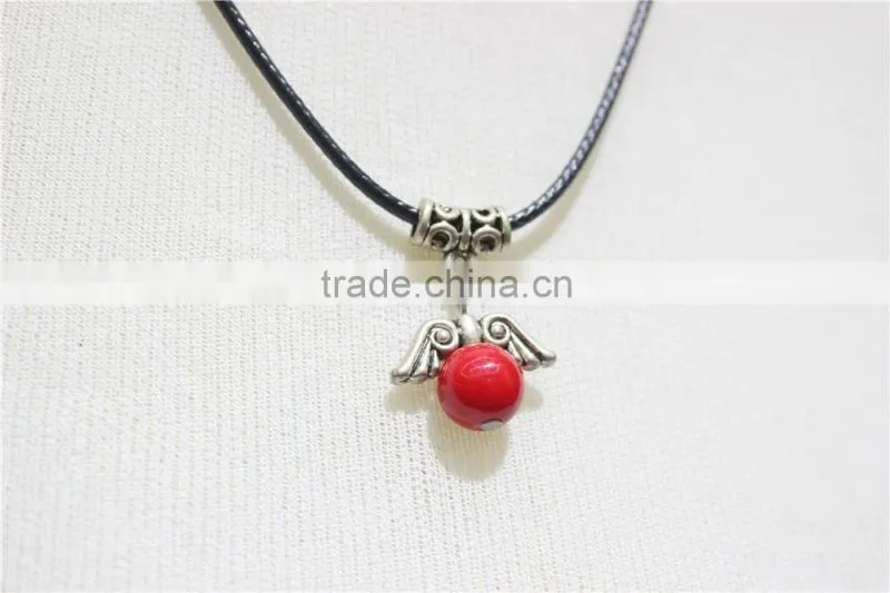Vintage Antiqued Silver Wings Red Bead w/ Black String Pendant Necklace2016 Fashion Style Wholesale