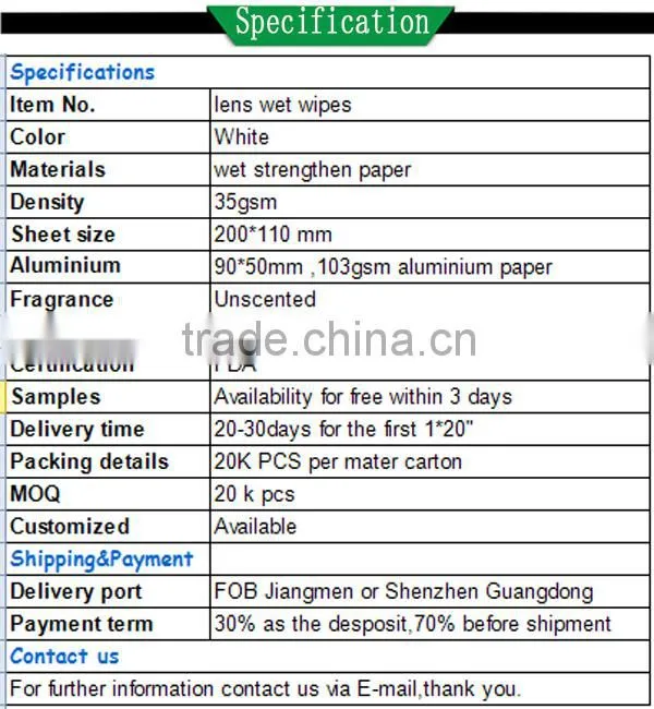 Hot sell lens glasses screen cleaning wet wipes