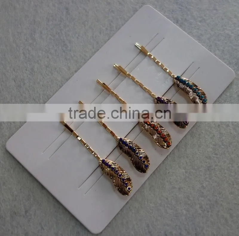 vintage style bobby pins with metal feather and jewelry hair clips for women