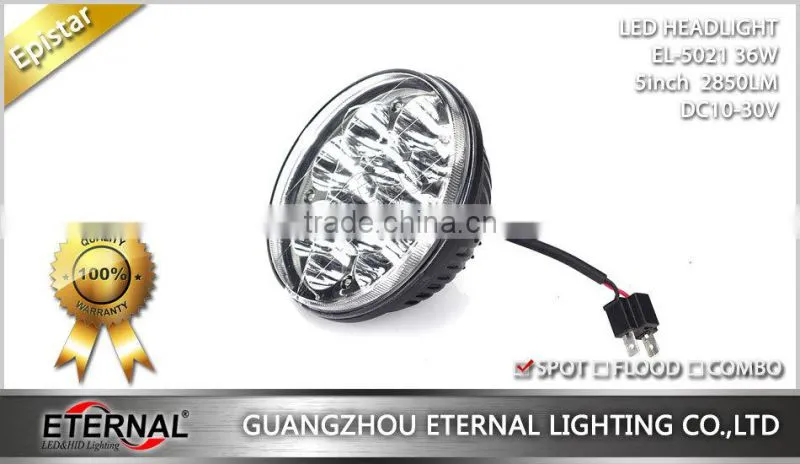 5" 36W LED Round HeadLight Replacement sealed beam with H4 plug for Jeep, trucks, atv, off road
