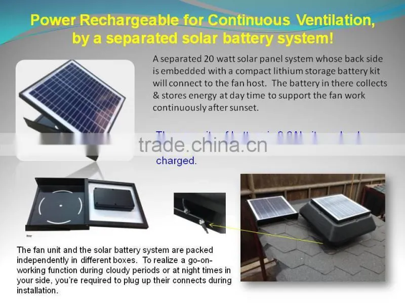 day & night air circulation solar powered attic fan with battery system for 24 hours nonstop ventilation