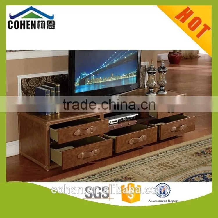 2016 New design European vintage chesterfeild style top grain leather tv stand/tv cabinet and home furniture