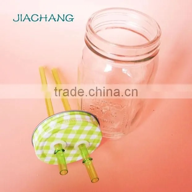 drinkware transparent glass table beer jar with 2 pieces of straws